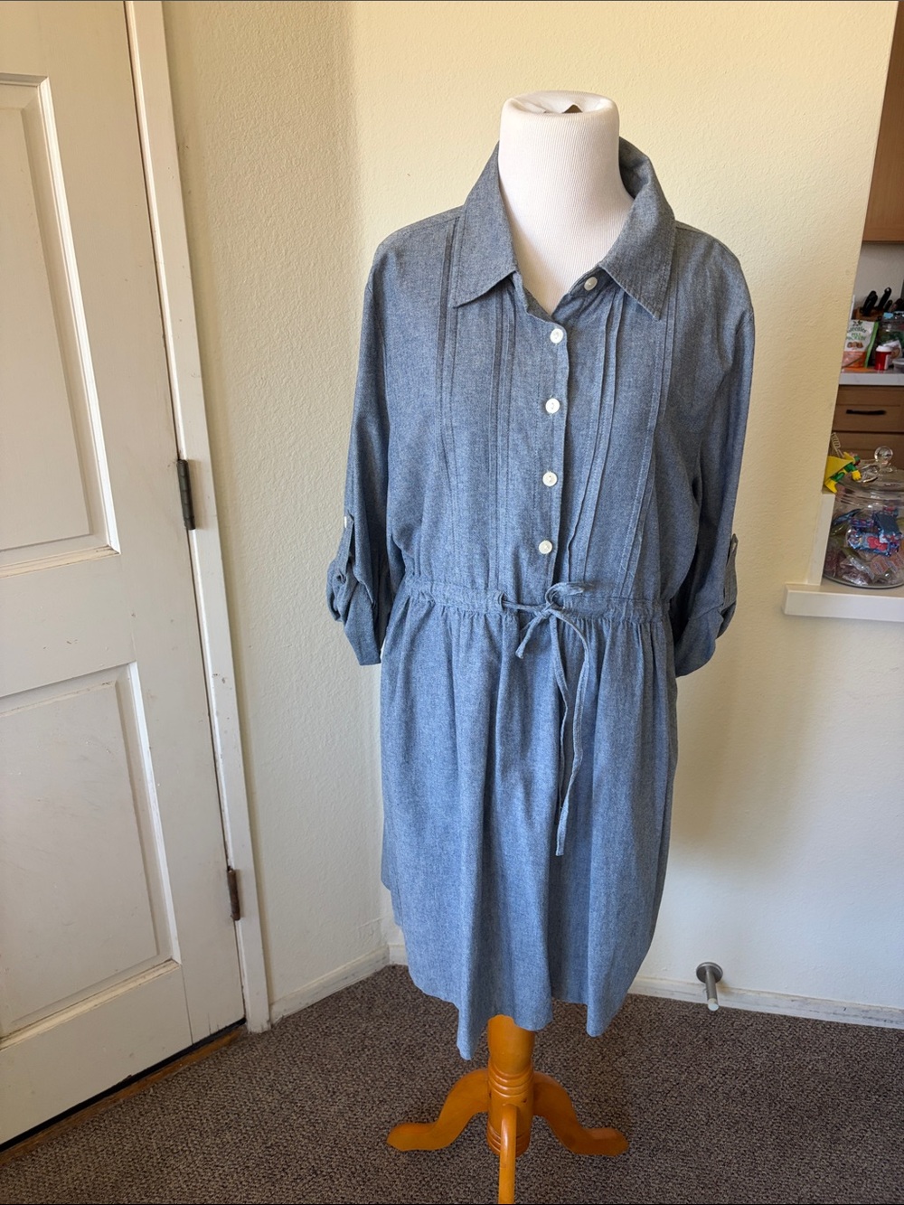 Chambray-Style Button Midi Dress with Tie Waist